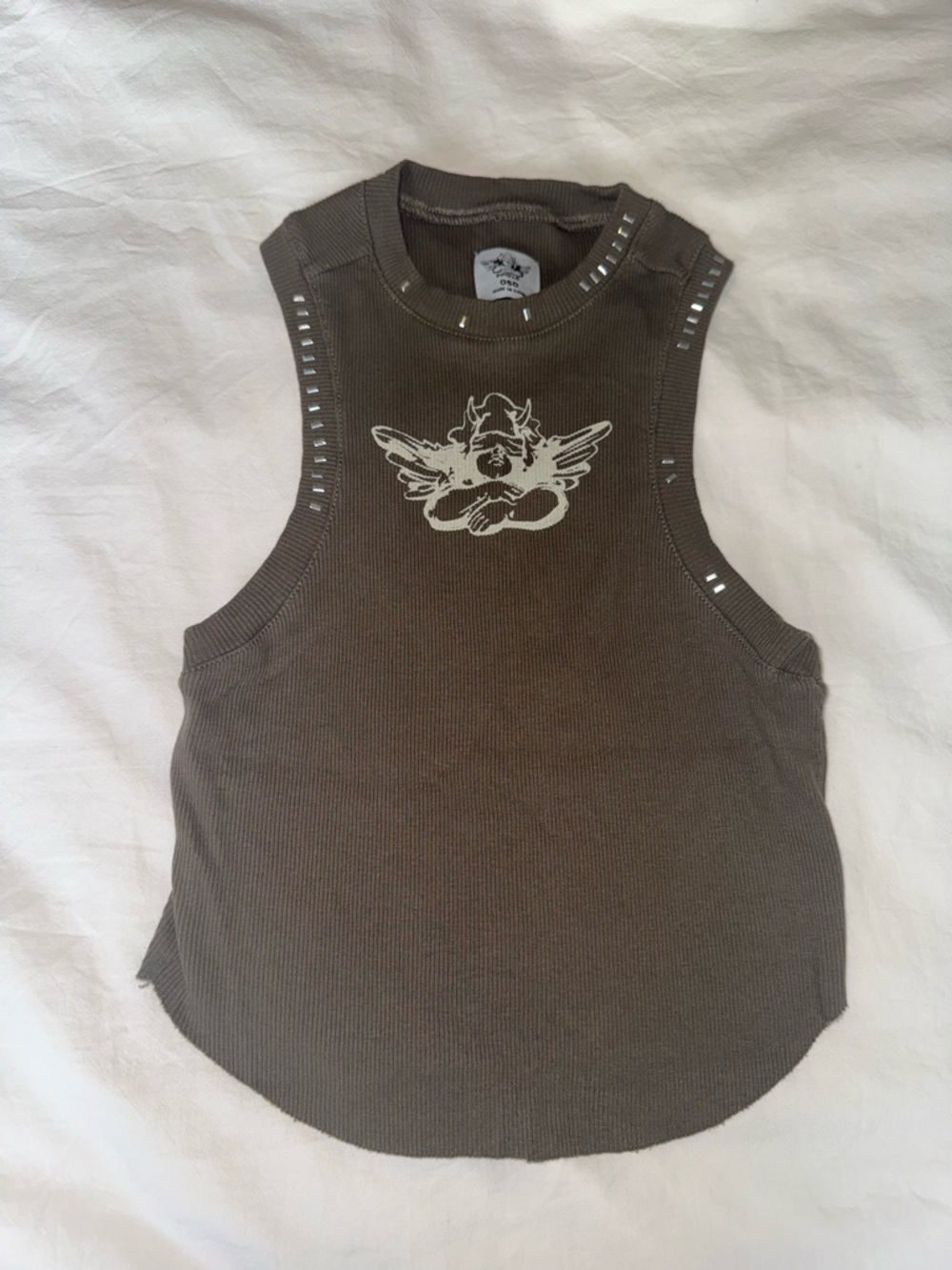 Boys Lie Brown Ribbed Tank with Angel Graphic and Silver Studs